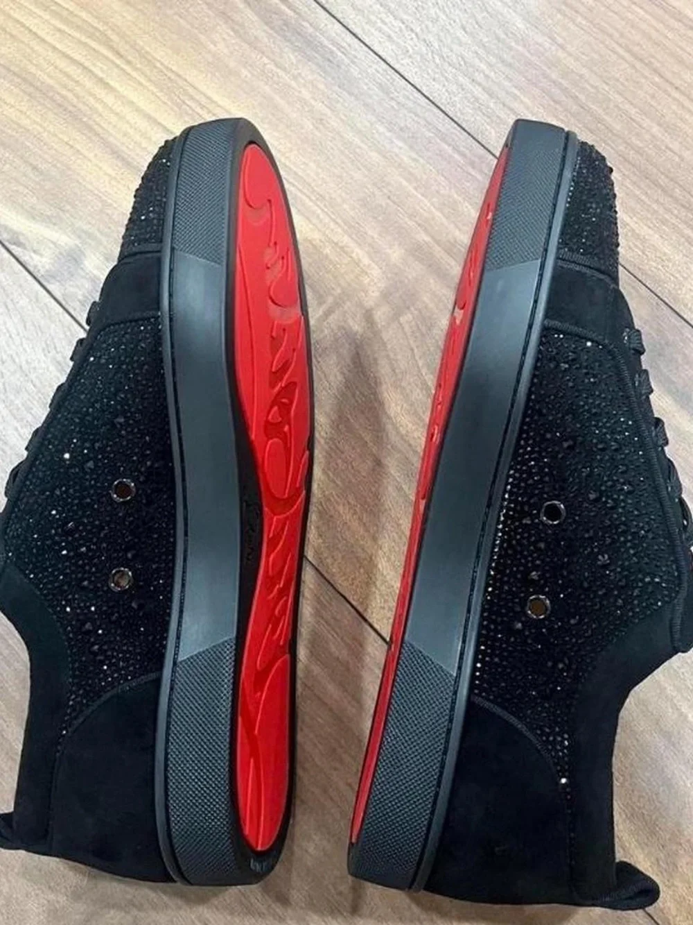 Louis Vuitton Men's Black Suede Sneakers with Red Sole